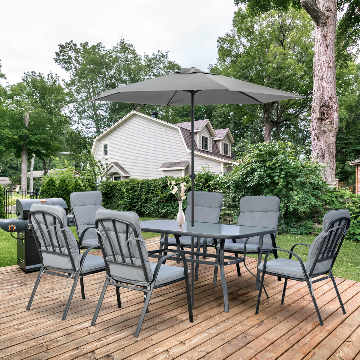 Outsunny 7 PCs Garden Dining Set, Glass Table w/ Umbrella Hole & Cushion, Black