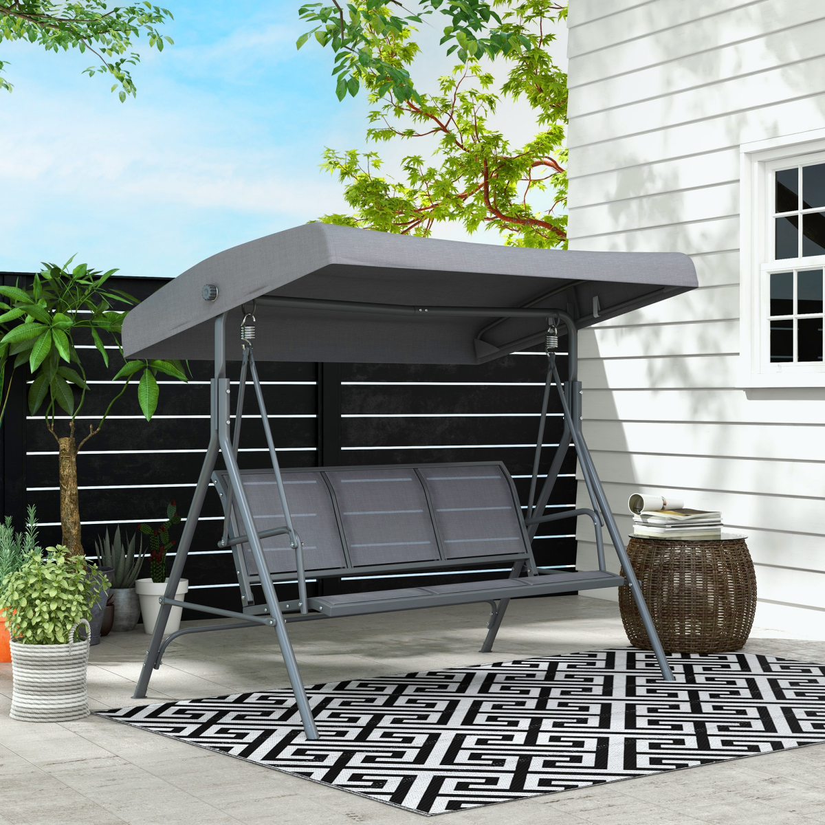 3 Seater Garden Swing Chair Grey Hammock Canopy Patio Outdoor Bench