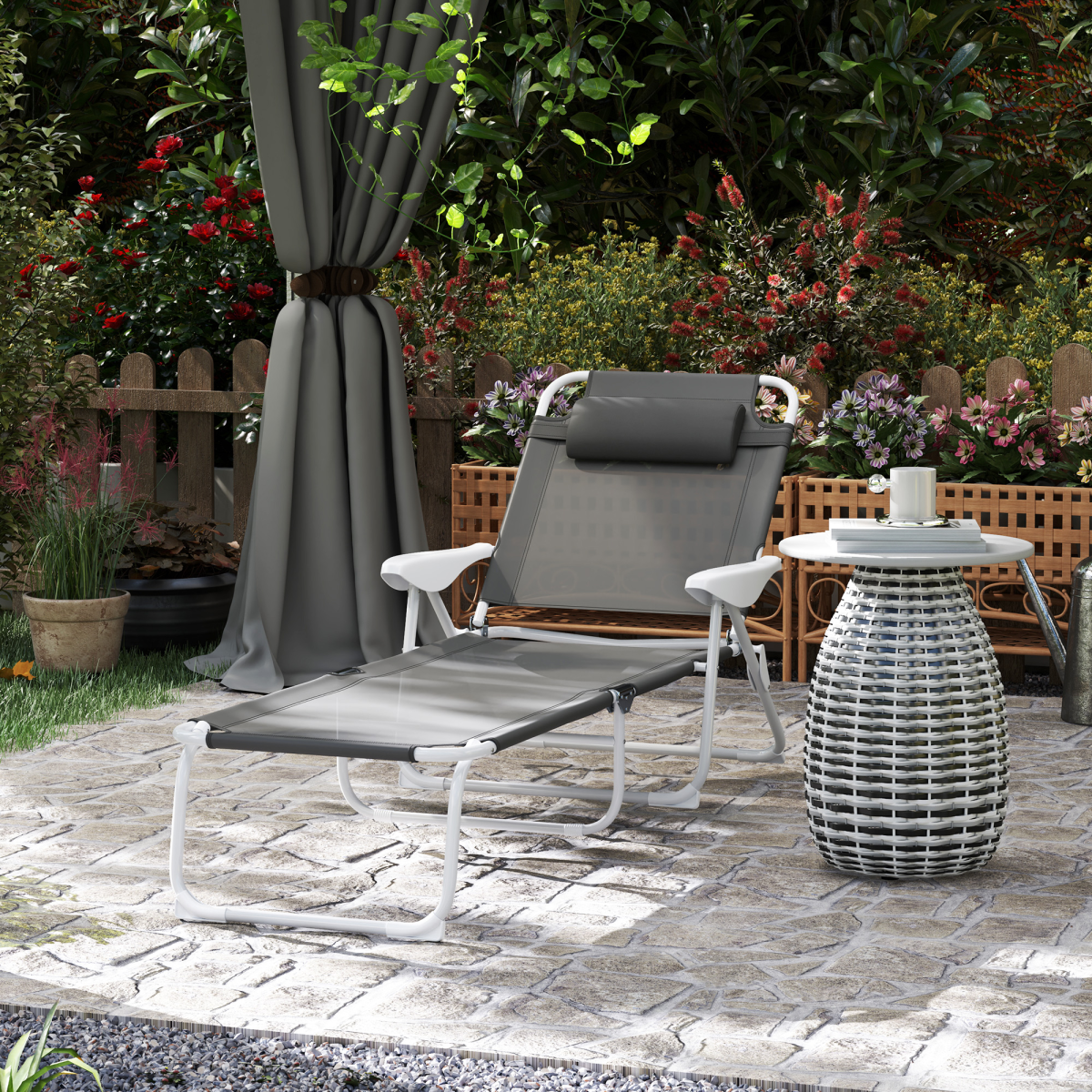 Outsunny Folding Sun Lounger with 4-Level Backrest & Headrest, Charcoal Grey