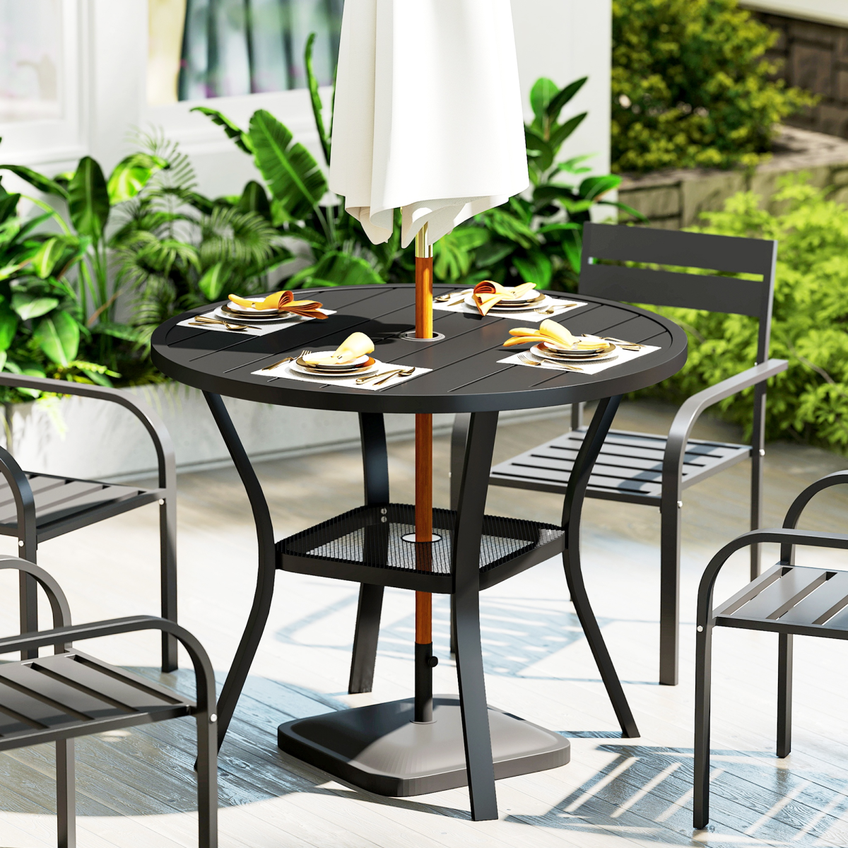 Outsunny 90 cm Garden Dining Table, Round Garden Table with Parasol Hole