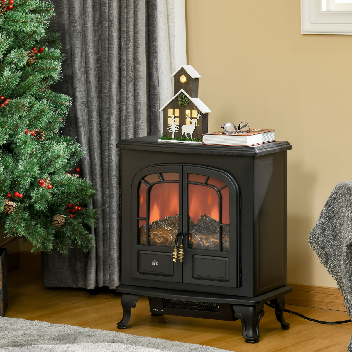 Electric Fireplace LED Fire Flame Effect, Double Door,  1000W/2000W, Black