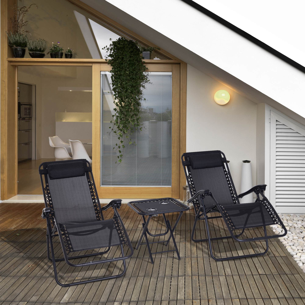 3PC Zero Gravity Chairs Sun Lounger Table Set w/ Cup Holders, Black Outsunny