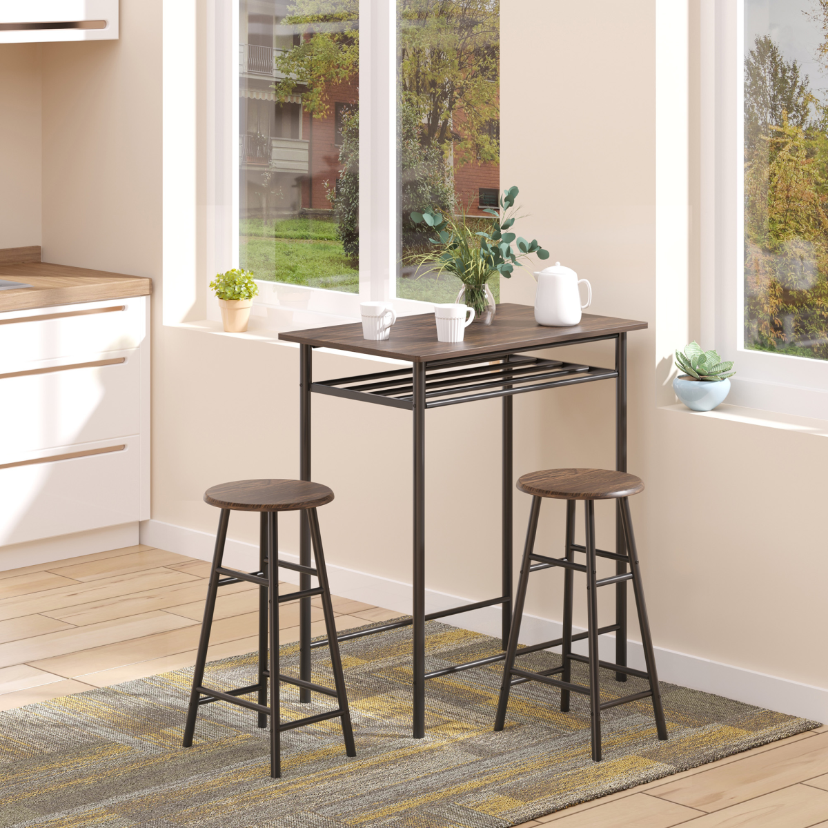 Bar Set includes 1 Bar Table and 2 Stools with Metal Frame Black and Oak