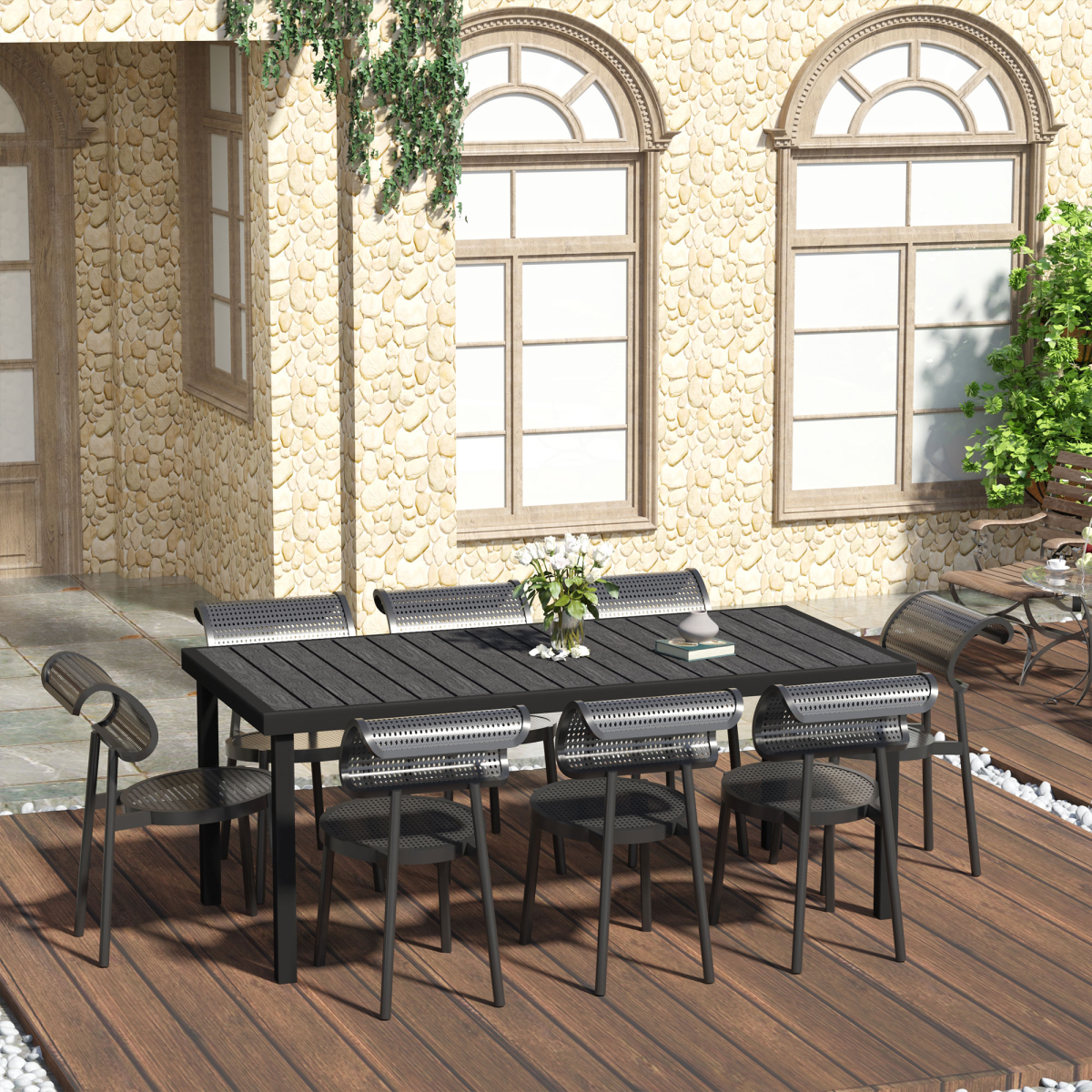 Outsunny Garden Dining Table for 8, Aluminium Frame for Patio, Lawn, Black