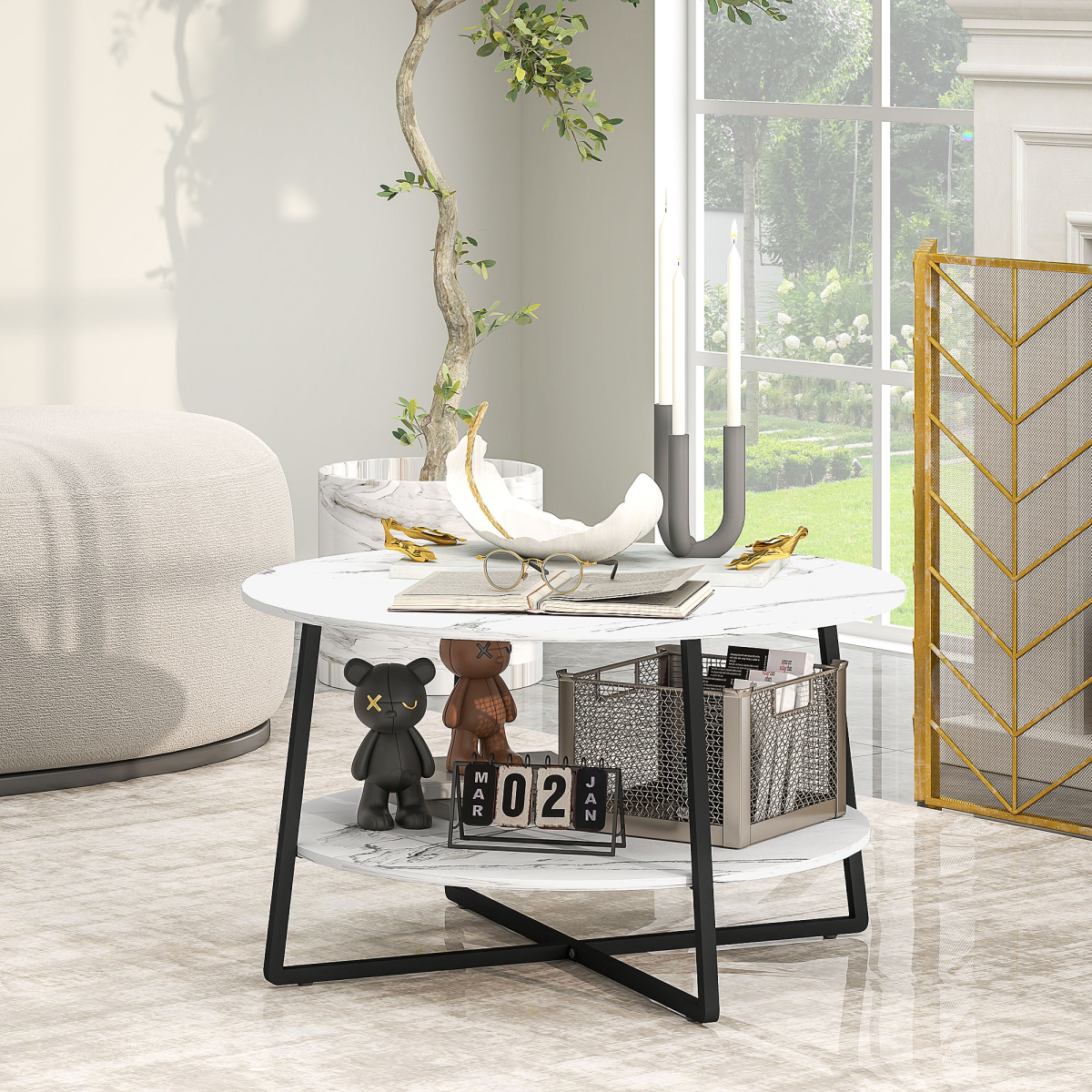 HOMCOM Round Coffee Table with Storage Shelf and Marble Effect Top, White