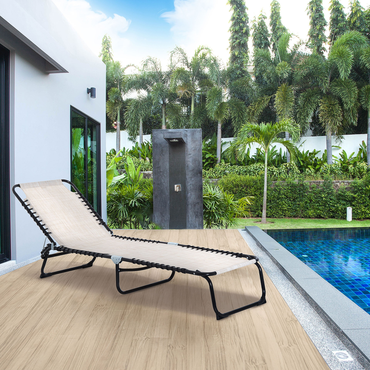 Sun Lounger Folding Chair Recliner & 4 Adjustable Backrest -  Cream & White