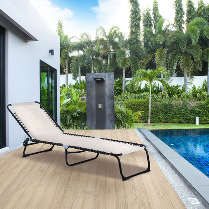 Sun Lounger Folding Chair Recliner & 4 Adjustable Backrest -  Cream & White