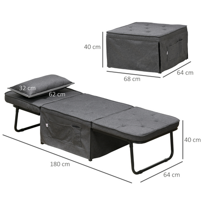 HOMCOM Folding Sleeper Chair Bed with Pillow and Side Pockets, Charcoal Grey
