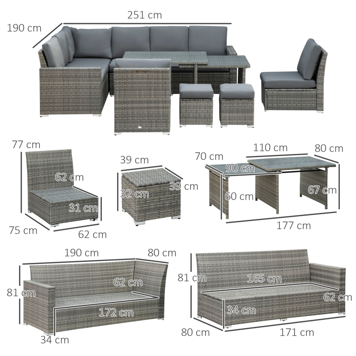 Outsunny 10-Seater Sofa Sectional W/ Cushioned Seat, Footstools and Glass Table