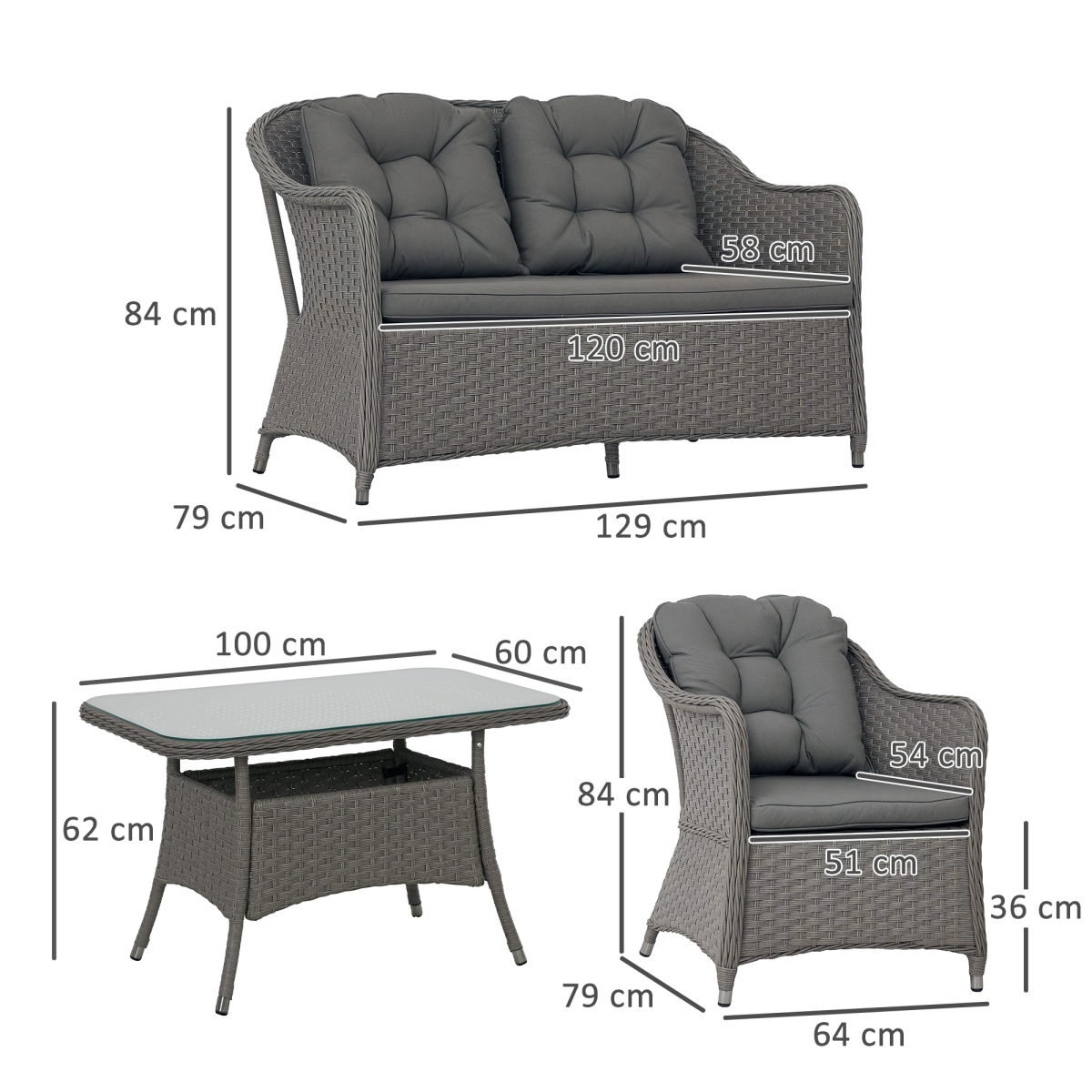 Outsunny 4 PCS Rattan Garden Furniture, Padded Cushions Conversation Sofa Set