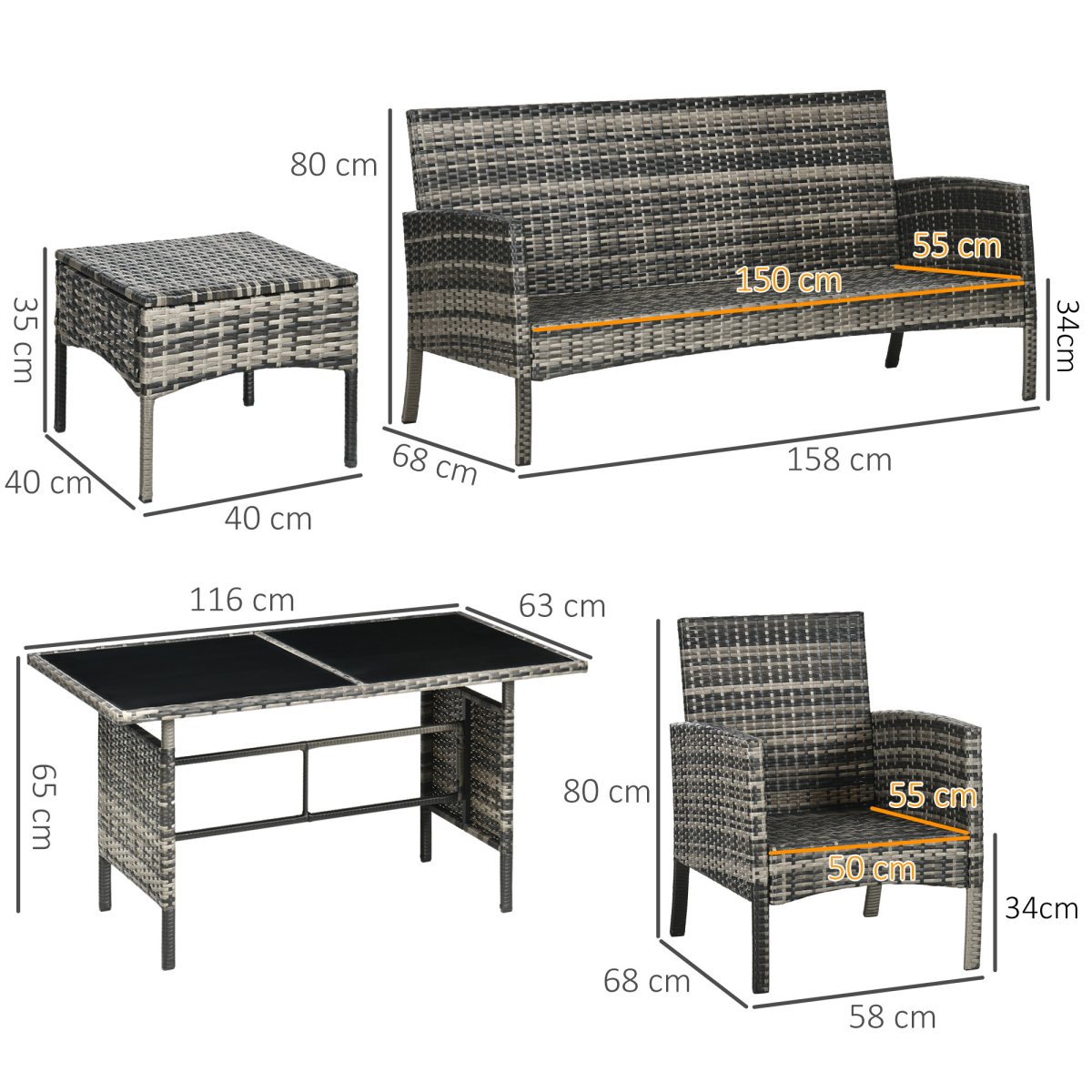 Outsunny Rattan Garden Furniture Sofa Set, 2 Armchairs 2 Footstools Table Grey