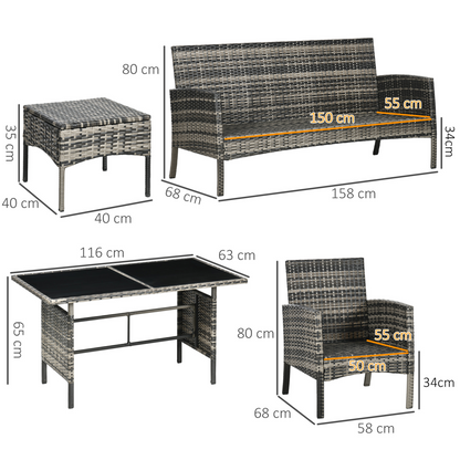 Outsunny Rattan Garden Furniture Sofa Set, 2 Armchairs 2 Footstools Table Grey