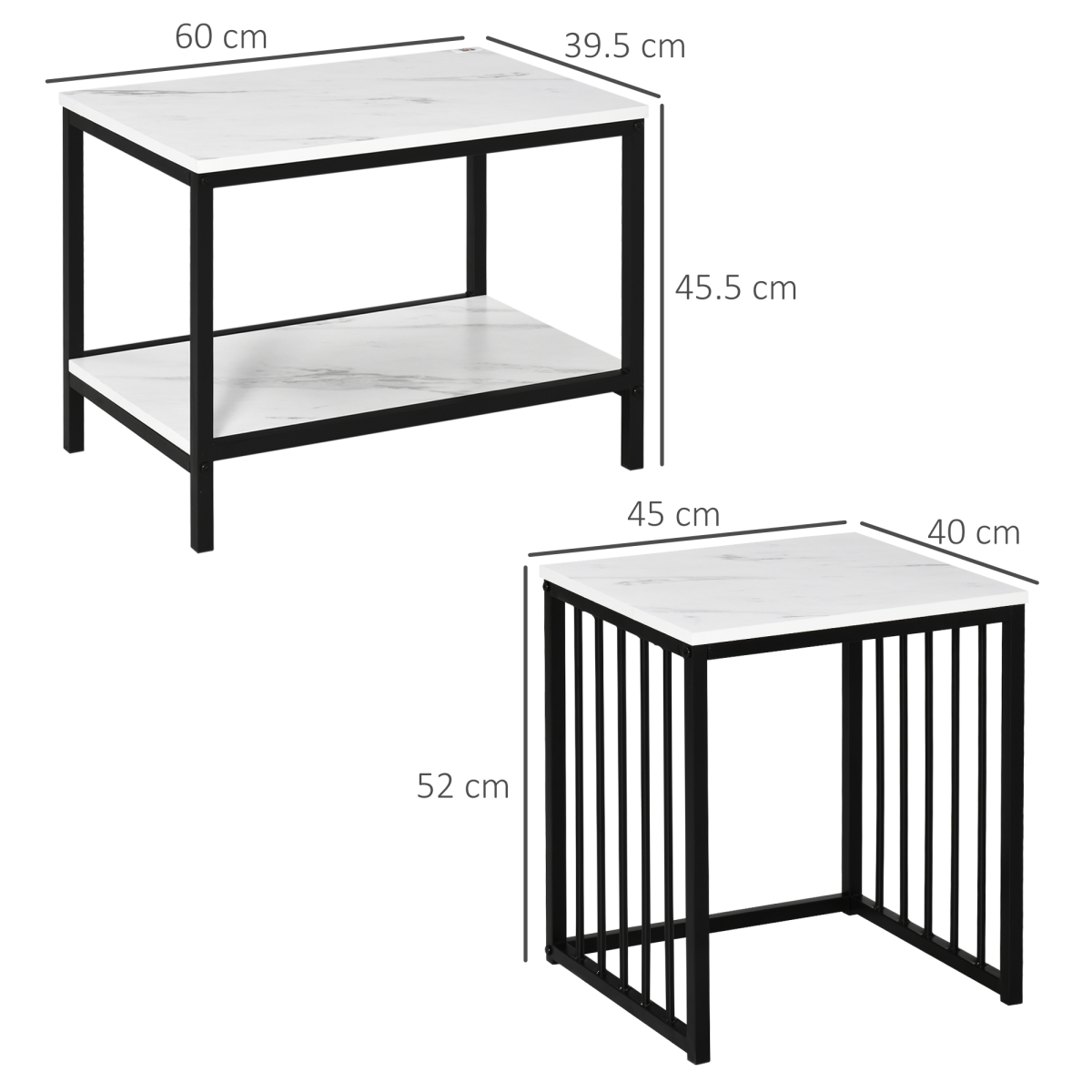 HOMCOM Modern Coffee Table Set of Two  Steel Frame Marble-Effect White, Black