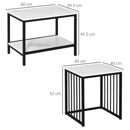 HOMCOM Modern Coffee Table Set of Two  Steel Frame Marble-Effect White, Black