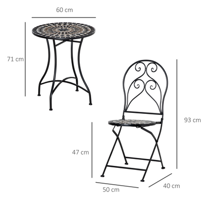 3PC Garden Bistro Set with Mosaic Tile Top and Seats, Metal Frame