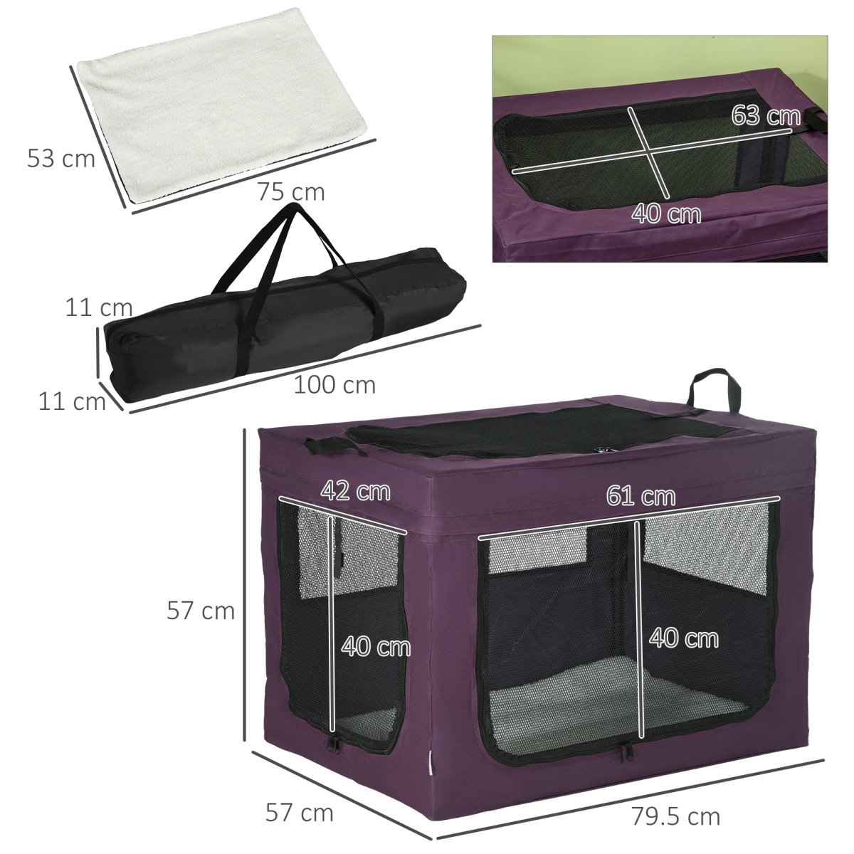 80cm Foldable Pet Carrier Cat Bag w/ Cushion, for Small, Medium Dogs - Purple