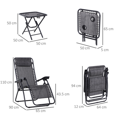 3PC Zero Gravity Chairs Sun Lounger Table Set Cup Holders Light Grey Outsunny