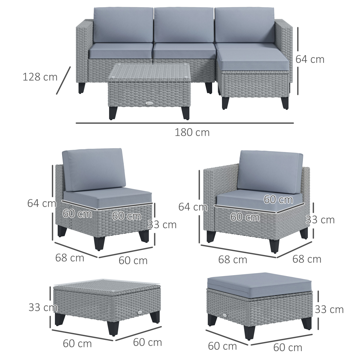Outsunny 5 PCs Rattan Garden Furniture Set with Glass Coffee Table, Grey