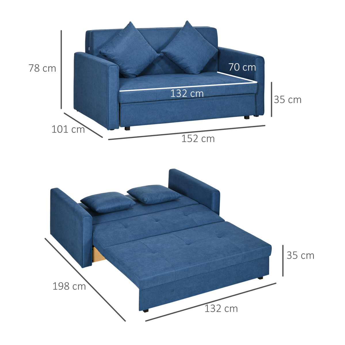 HOMCOM 2 Seater Sofa Bed Convertible Bed Settee w/ 2 Cushions Storage Blue