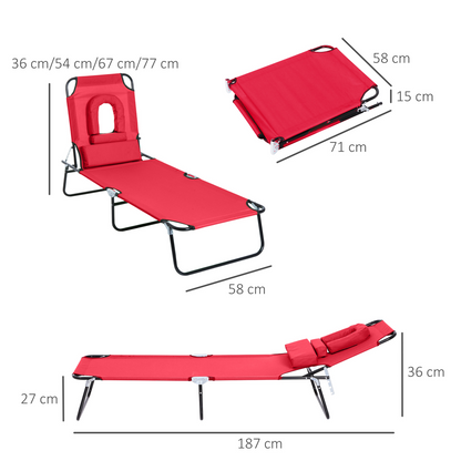 Outsunny Folding Sun Lounger Reclining Chair w/ Pillow Reading Hole Red