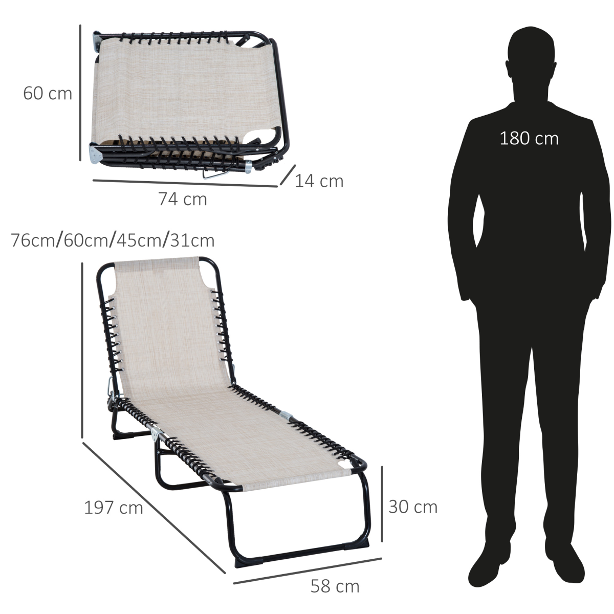 Sun Lounger Folding Chair Recliner & 4 Adjustable Backrest -  Cream & White