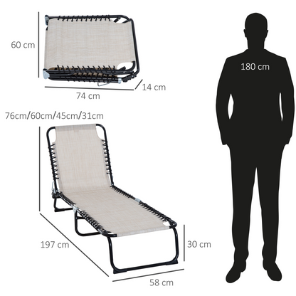 Sun Lounger Folding Chair Recliner & 4 Adjustable Backrest -  Cream & White