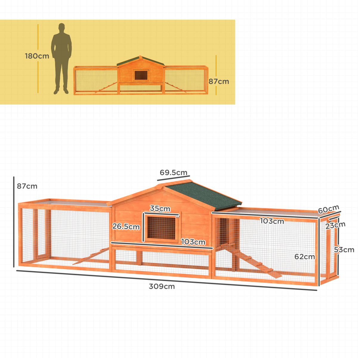 PawHut Wooden Rabbit Hutch Guinea Pig Hutch, Orange, 309 x 70 x 87cm