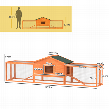 PawHut Wooden Rabbit Hutch Guinea Pig Hutch, Orange, 309 x 70 x 87cm