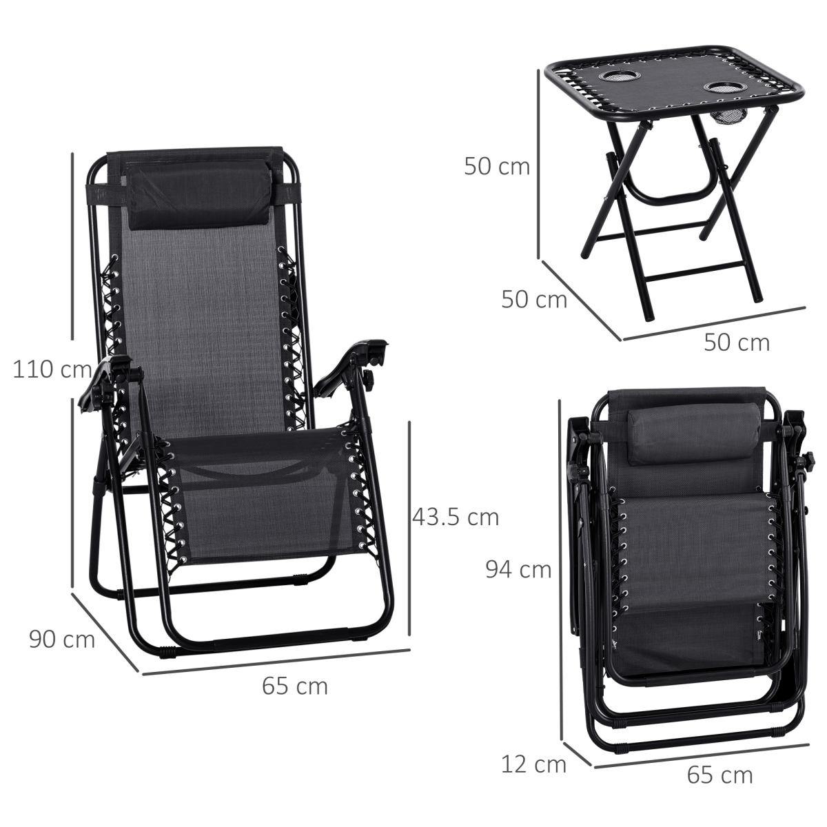 3PC Zero Gravity Chairs Sun Lounger Table Set w/ Cup Holders, Black Outsunny