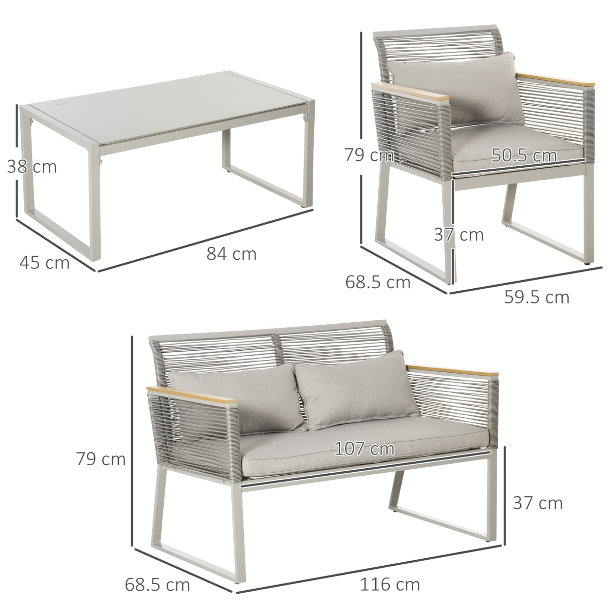 4-Seater Patio Wicker Sofa, Metal Frame PE Rattan Tempered Glass Table Grey