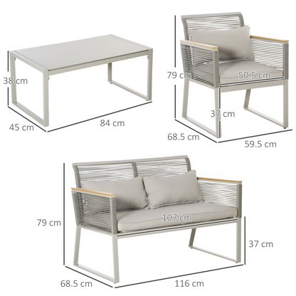 4-Seater Patio Wicker Sofa, Metal Frame PE Rattan Tempered Glass Table Grey