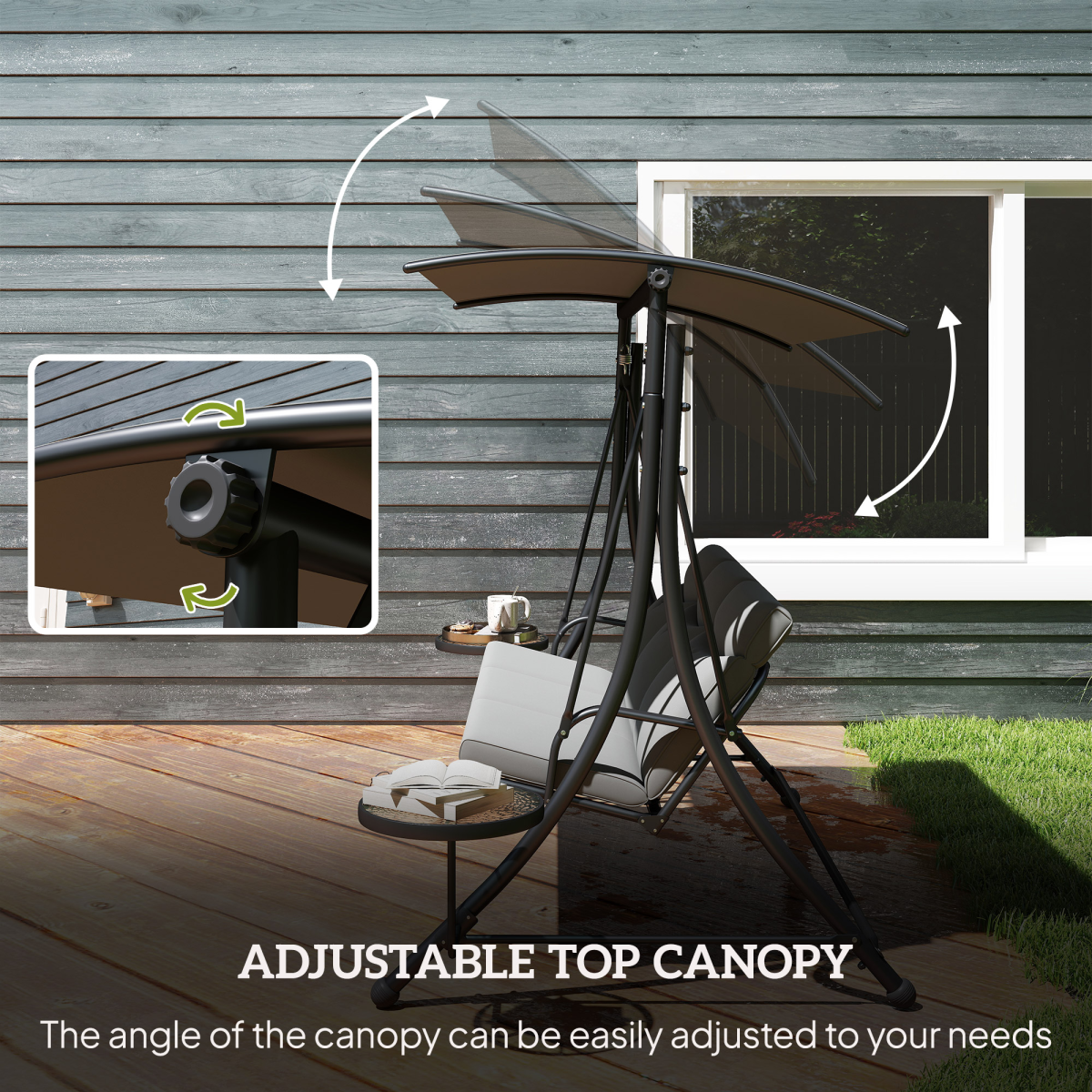 Outsunny 3 Seat Garden Swing Chair Steel w/ Adjustable Canopy and Coffee Tables