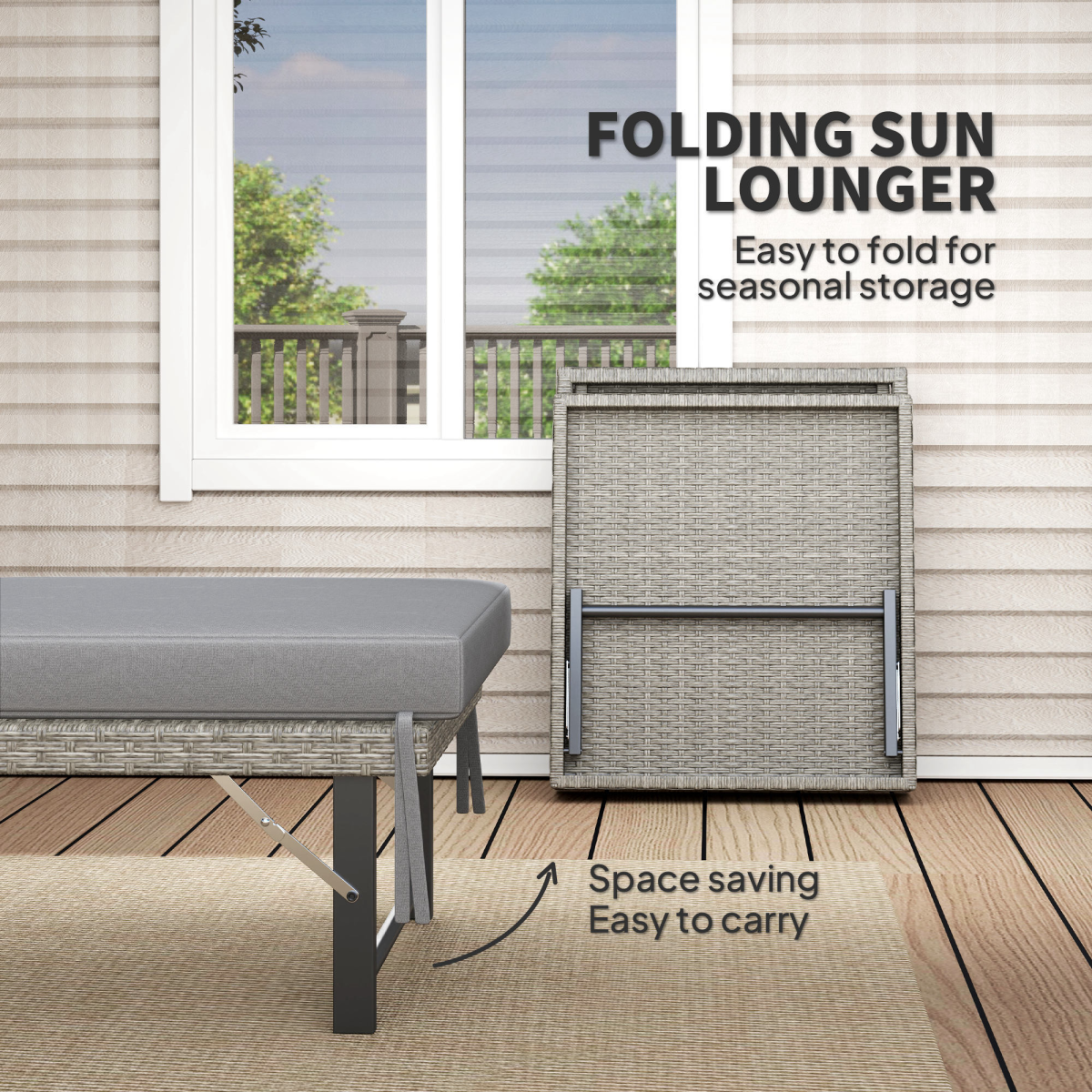 Outsunny Folding Rattan Sun Lounger with Adjustable Back, Cushion, Grey