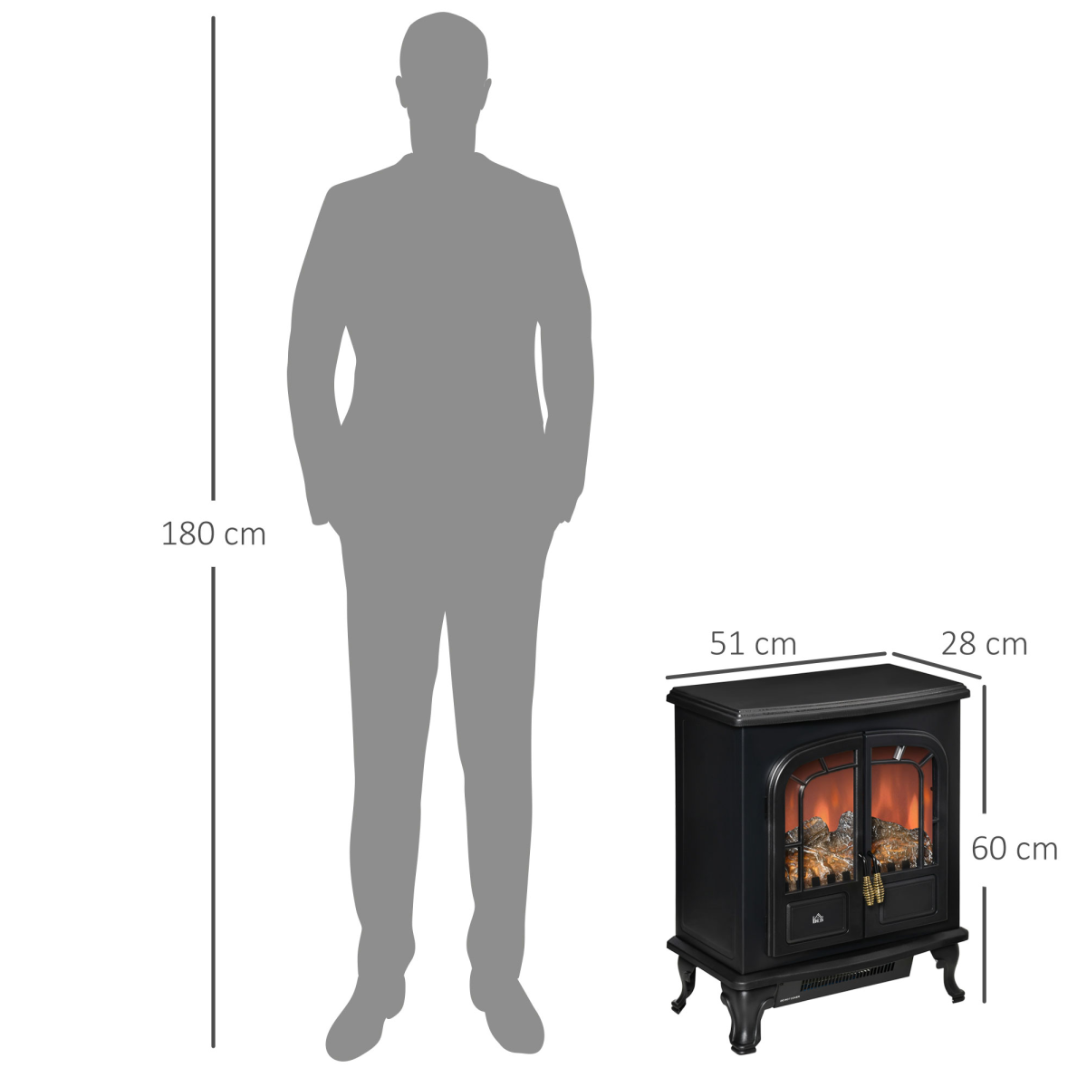 Electric Fireplace LED Fire Flame Effect, Double Door,  1000W/2000W, Black
