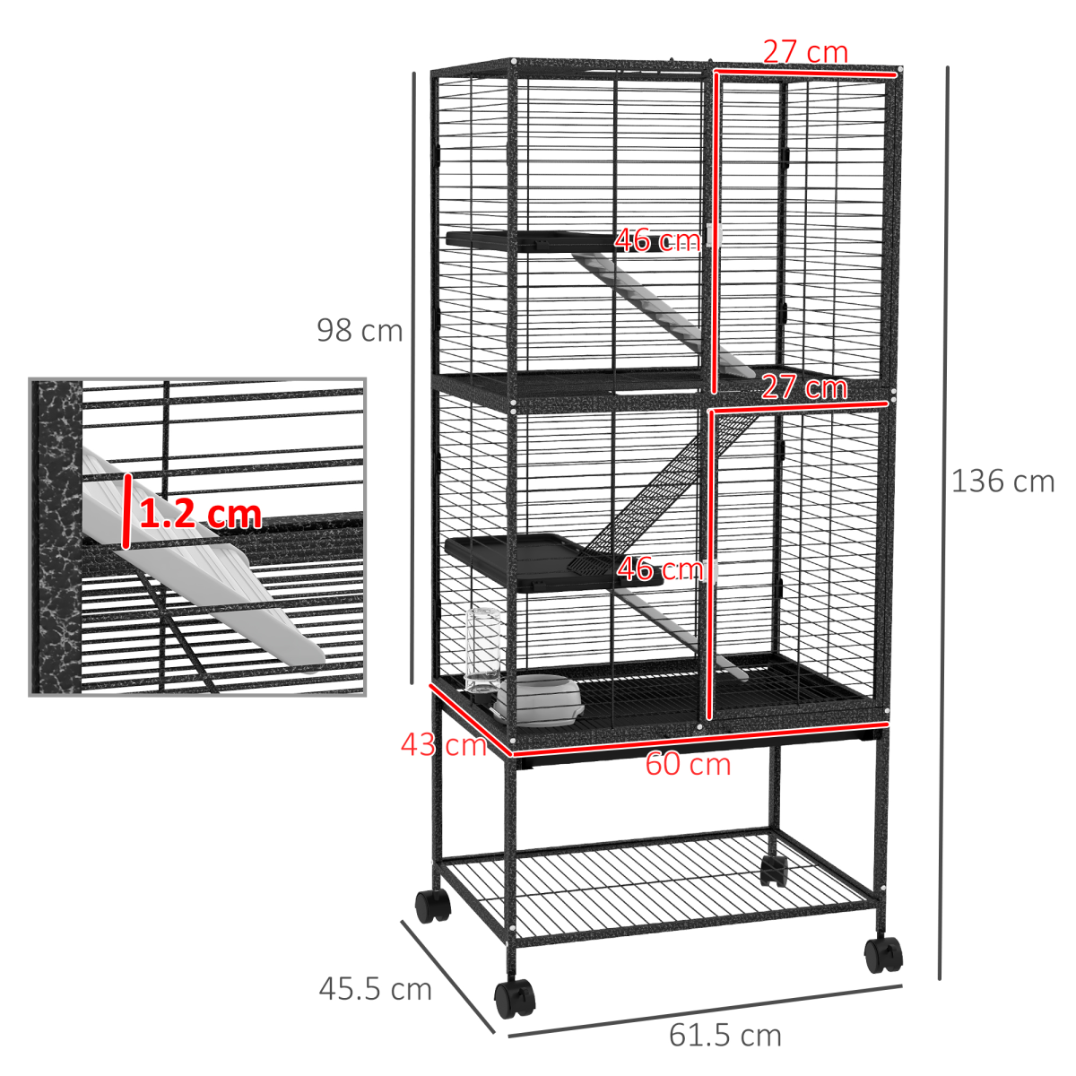 PawHut Ferret Cage 136cm Rolling Small Animal Cage w/ 3 Doors, Storage Shelf