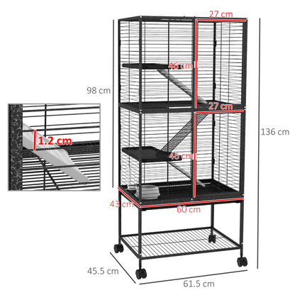 PawHut Ferret Cage 136cm Rolling Small Animal Cage w/ 3 Doors, Storage Shelf