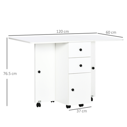 Folding Dining Table, Drop Leaf Table With Storage Drawers White