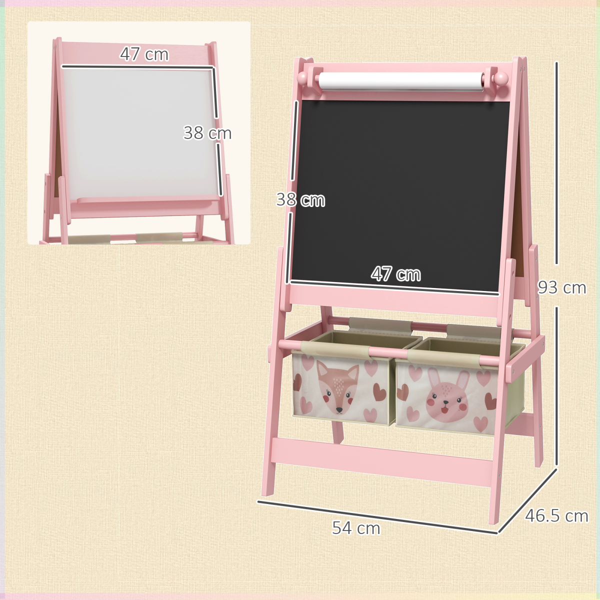 AIYAPLAY Kids Easel with Paper Roll, Blackboard, Whiteboard, Storage, Pink
