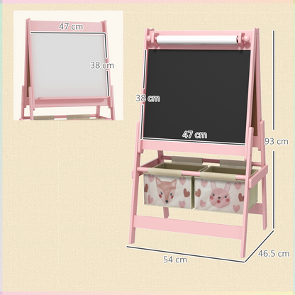 AIYAPLAY Kids Easel with Paper Roll, Blackboard, Whiteboard, Storage, Pink