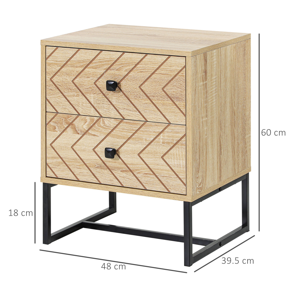 Bedside Table 2 Drawer Unit  Zig Zag Design w/ Black Metal Handles