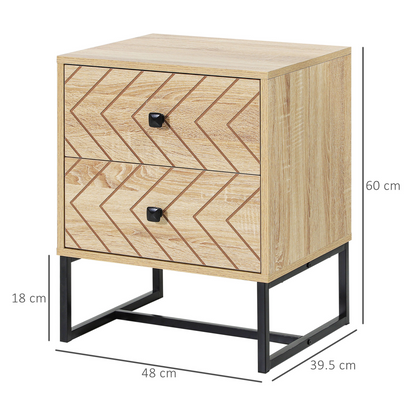 Bedside Table 2 Drawer Unit  Zig Zag Design w/ Black Metal Handles