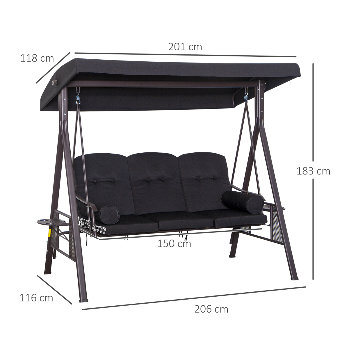 Outsunny 3 Seater Garden Swing Chair Patio Swing Bench w/ Cup Trays Black