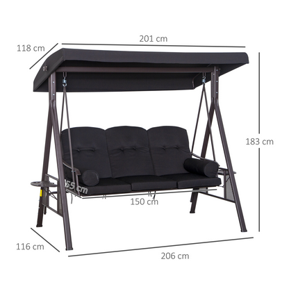 Outsunny 3 Seater Garden Swing Chair Patio Swing Bench w/ Cup Trays Black