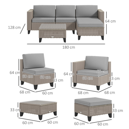 Outsunny 5 PCs Rattan Garden Furniture Set with Glass Coffee Table, Brown