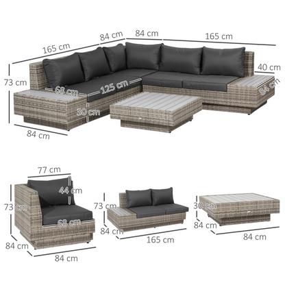 5-Seater Rattan Sectional Corner Sofa Table Set  Cushions - Light Grey