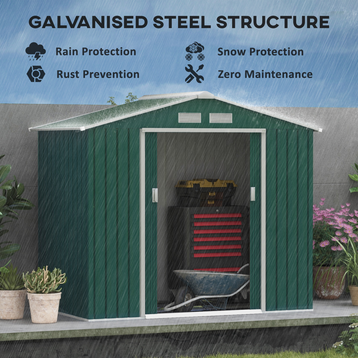 Outsunny Green Garden Shed with Locking Doors, Floor Foundation & Ventilation