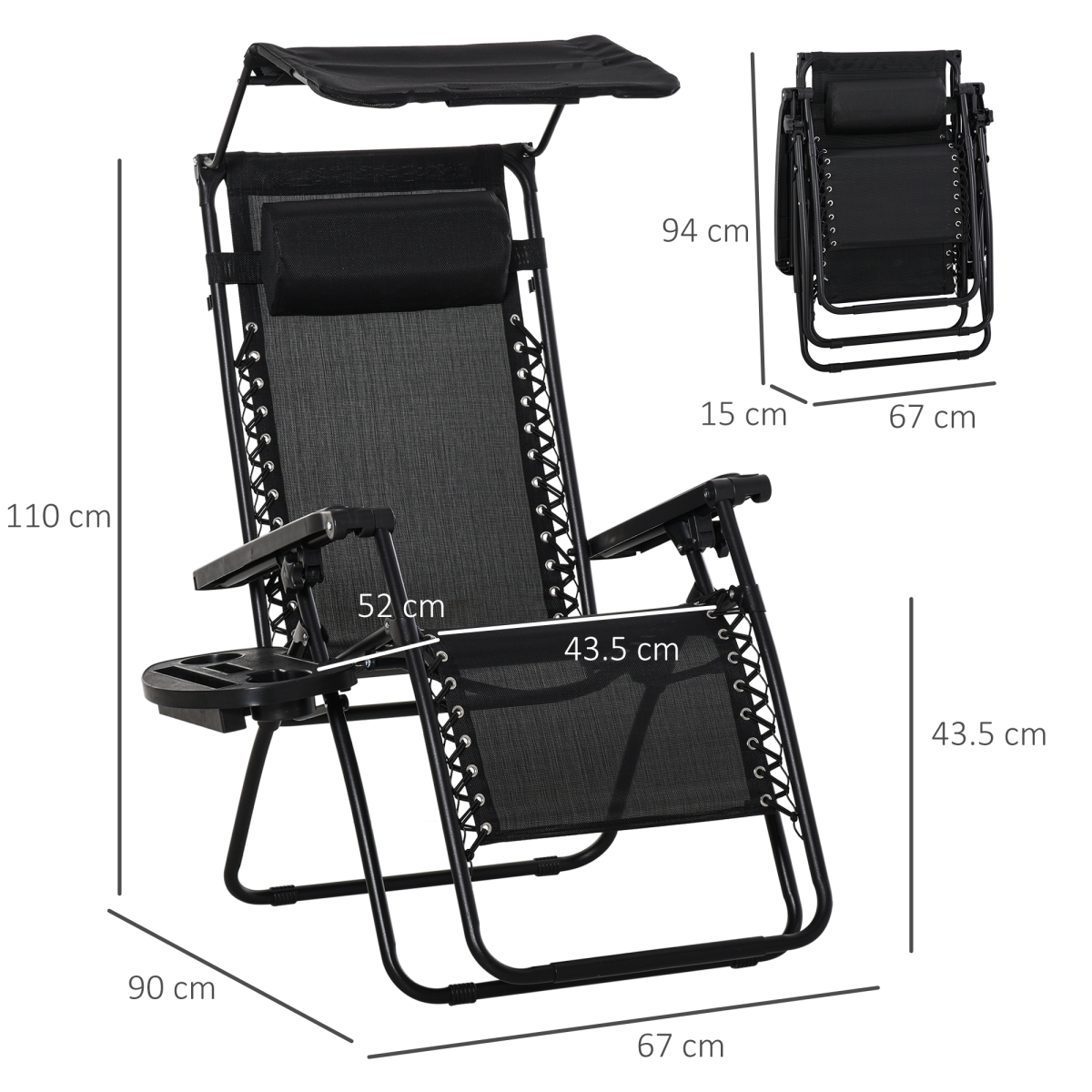 Zero Gravity Folding Sun Lounger Reclining Seat & Cup Holder & Canopy, Black