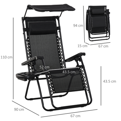 Zero Gravity Folding Sun Lounger Reclining Seat & Cup Holder & Canopy, Black