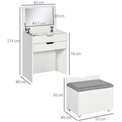 Dressing Table Set w/ Flip-up Mirror & Stool, Drawer and Compartments, White