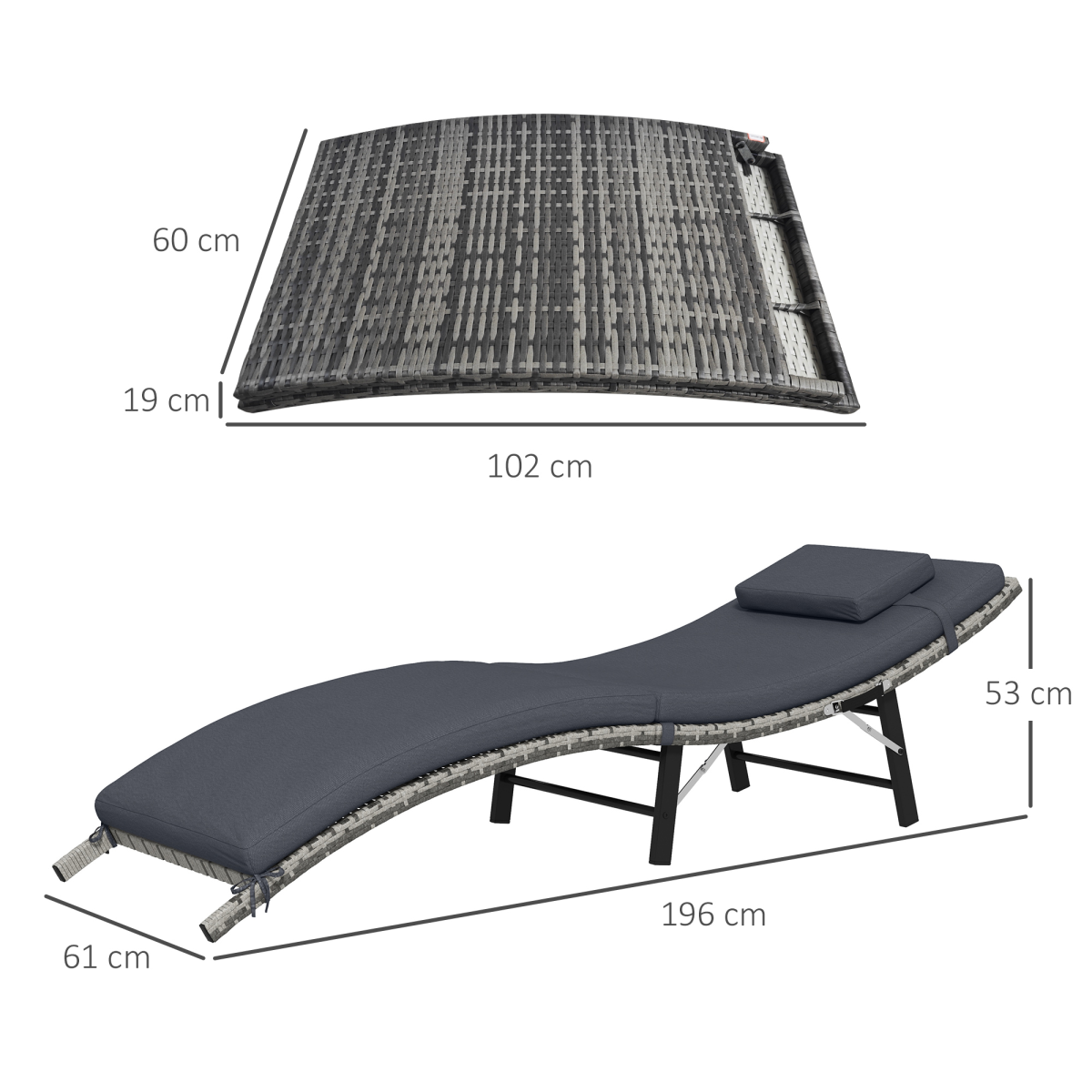 Outsunny Folding Rattan Sun Lounger Outdoor Chair with Cushion and Pillow, Grey